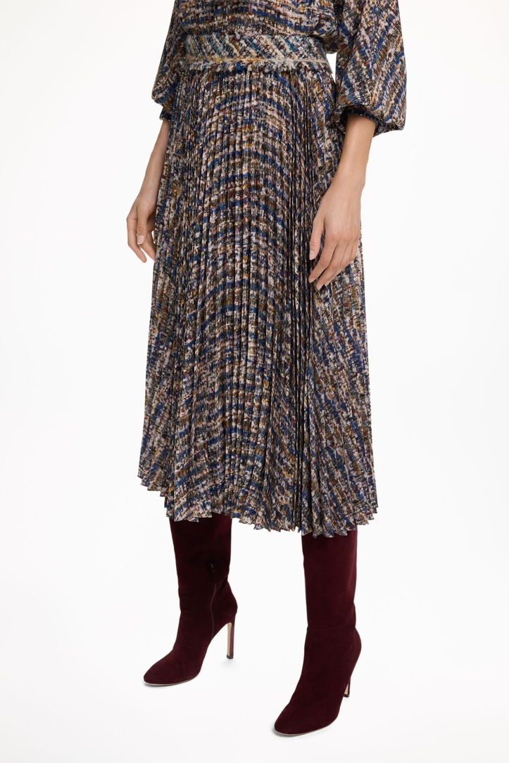 Tweed Print Crepe de Chine Pleated Skirt