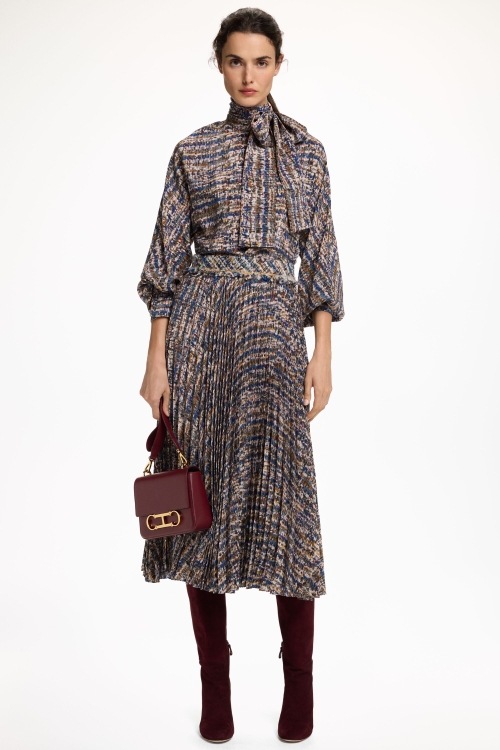 TWEED PRINT CREPE DE CHINE PLEATED SKIRT