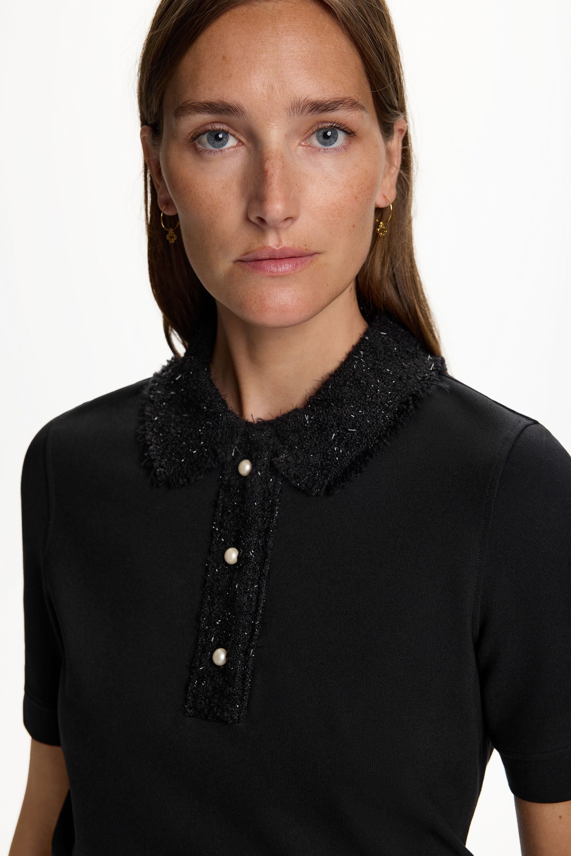 Milano Knit Fitted Polo Shirt with Pearls black - CH Milano Knit Fitted Polo Shirt with Pearls black - CH