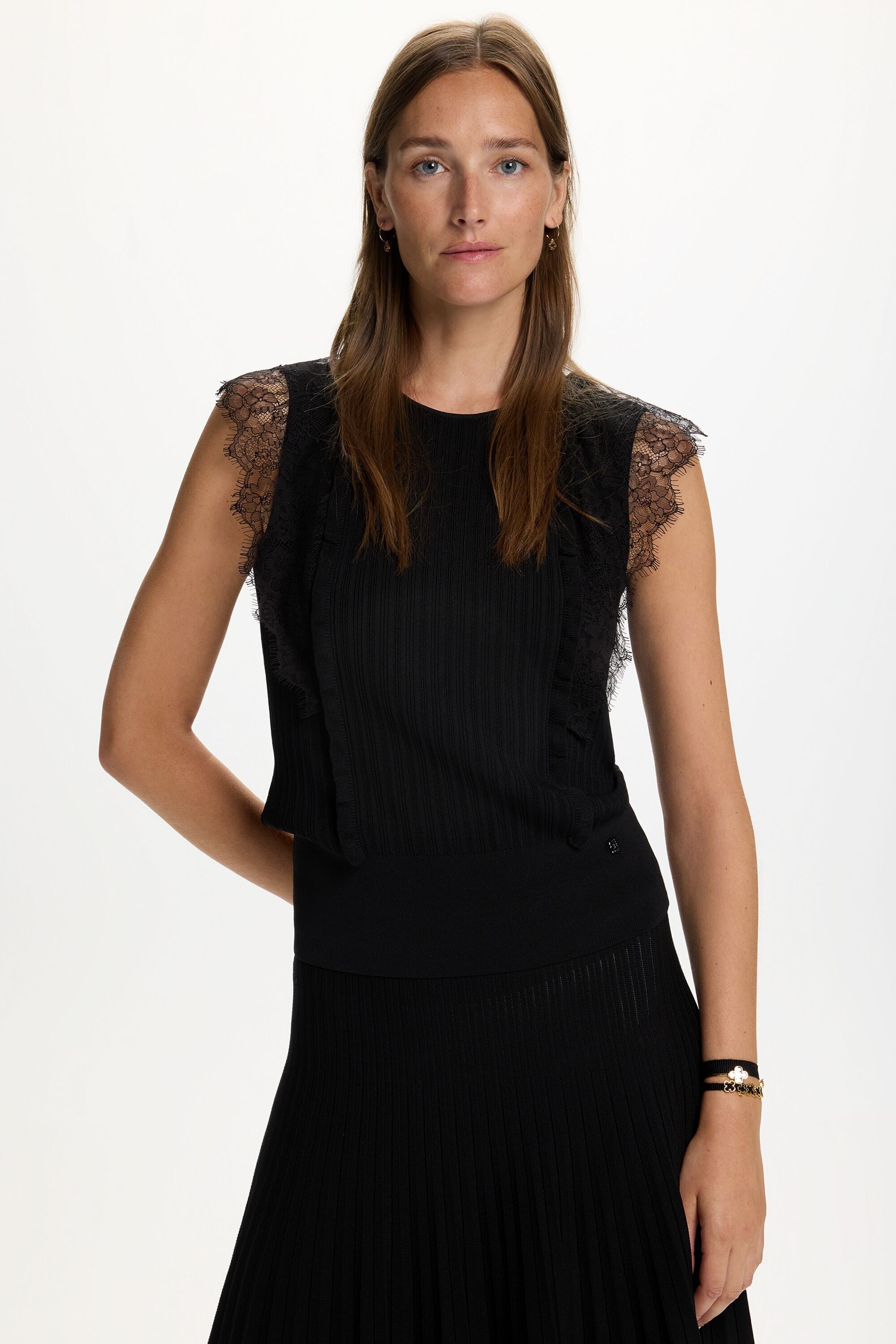 Knit Fitted Top with Lace Ruffles