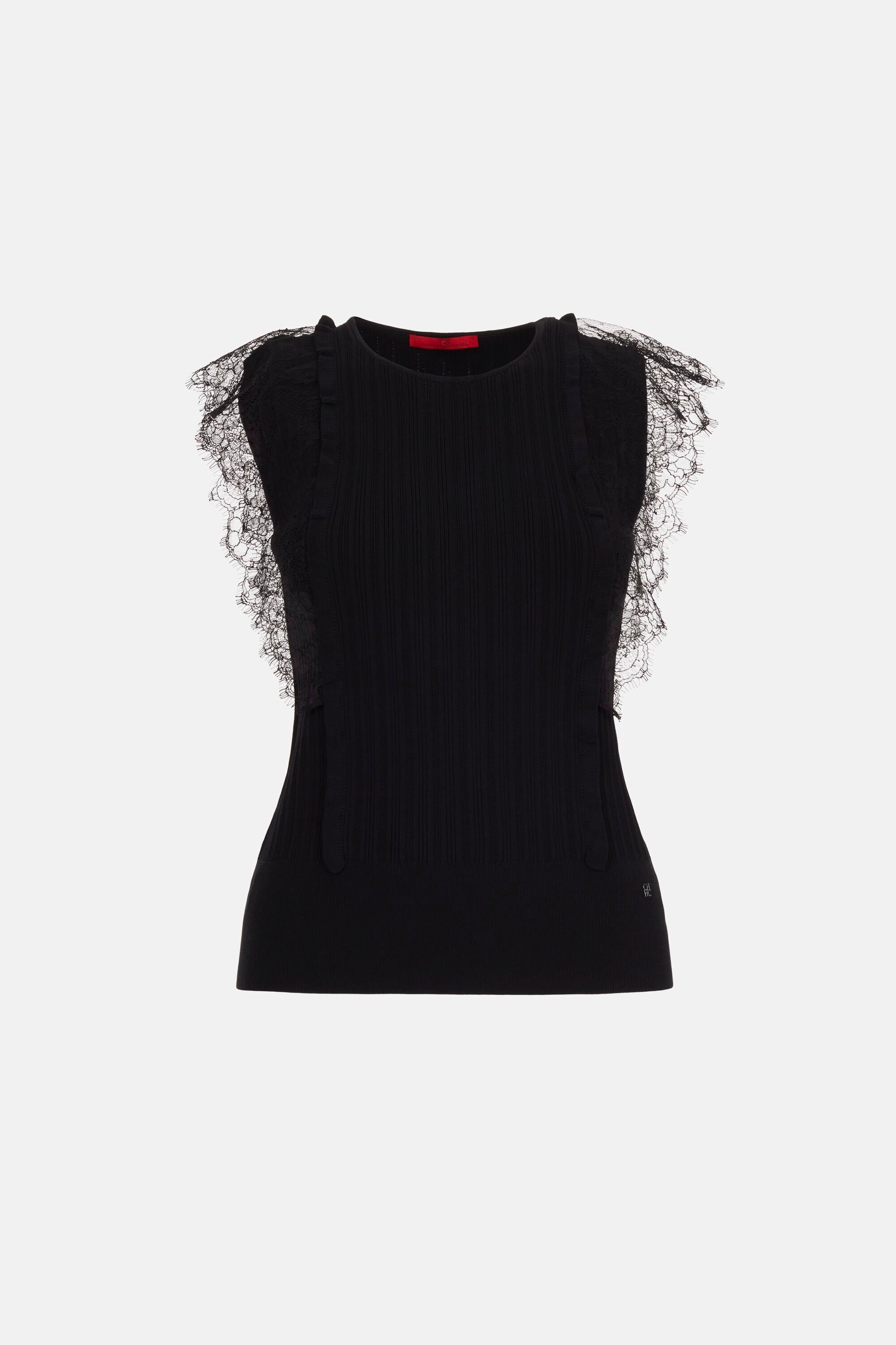 Knit Fitted Top with Lace Ruffles black - CH Carolina