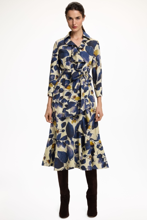 BLUE LEAF PRINT POPLIN SHIRT DRESS