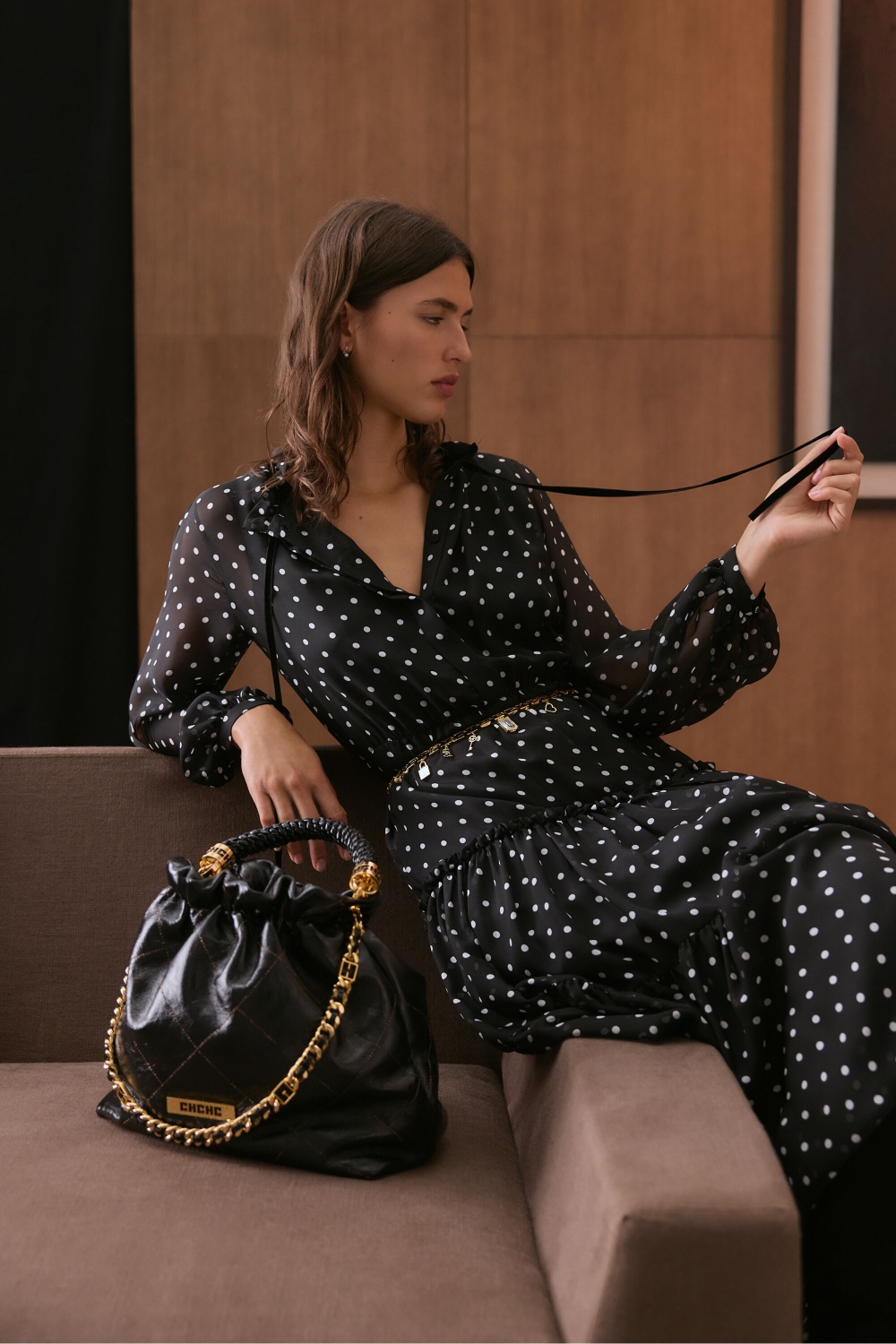 SILK CHIFFON DRESS WITH POLKA DOTS PRINT