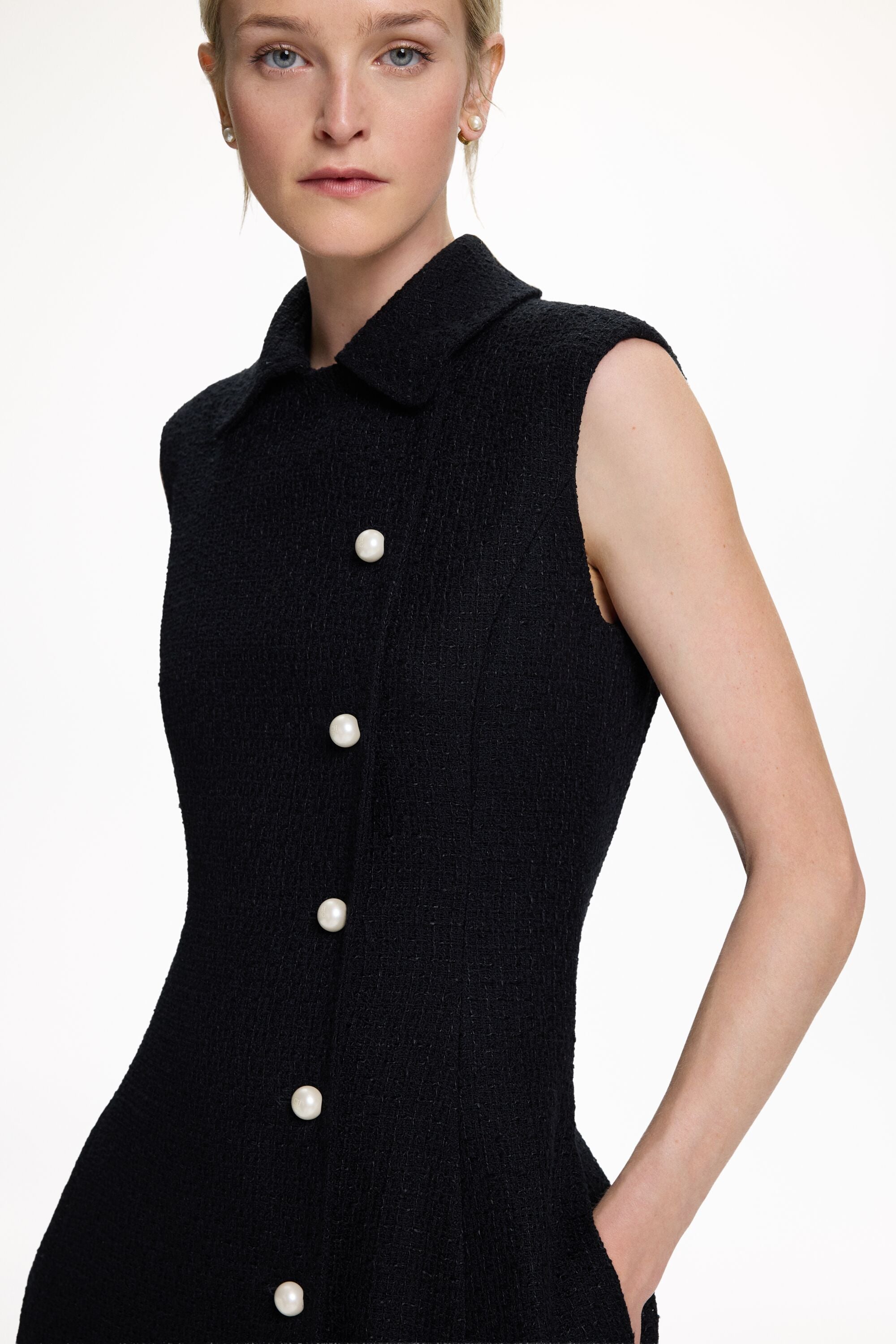 Sheller シェリエ side button tweed dress Sleek Tweed Dress with Side Pockets | SLY010