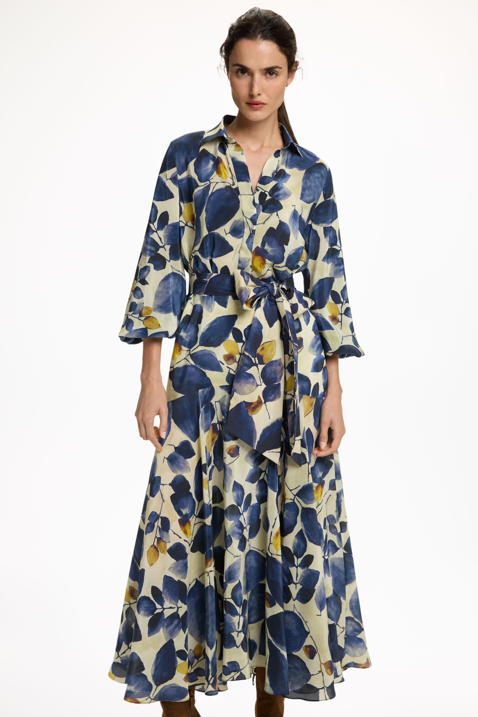 Blue Leaf Print Crepe de Chine Shirt Dress