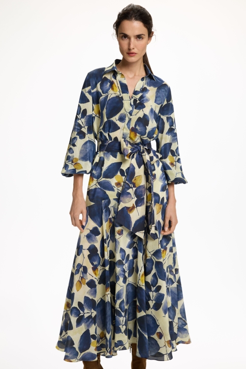 VESTIDO CAMISERO DE CREPÉ DE CHINE ESTAMPADO BLUE LEAF