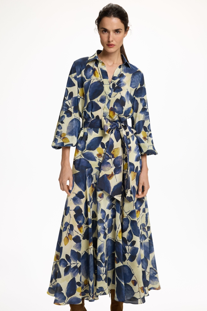 Blue Leaf Print Crepe de Chine Shirt Dress