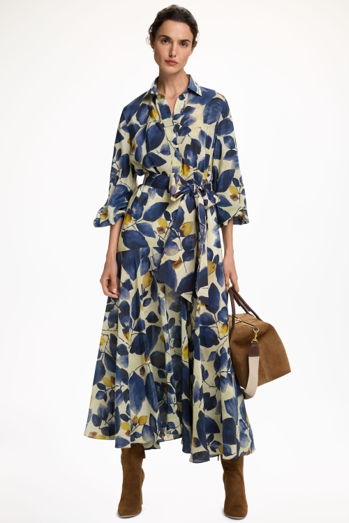 BLUE LEAF PRINT CREPE DE CHINE SHIRT DRESS