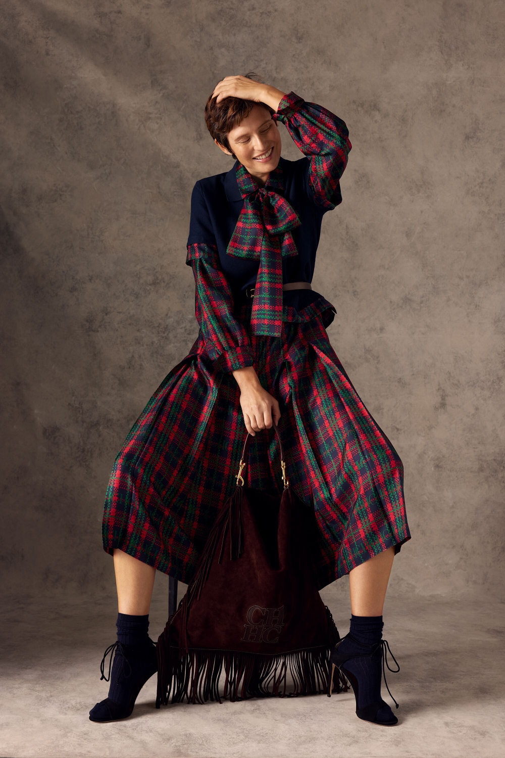 CHARTAN PRINT SILK TWILL SHIRT DRESS