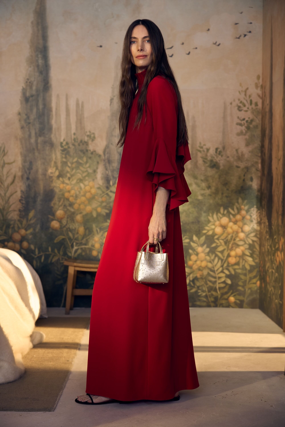 CREPE A-LINE LONG DRESS WITH RUFFLES