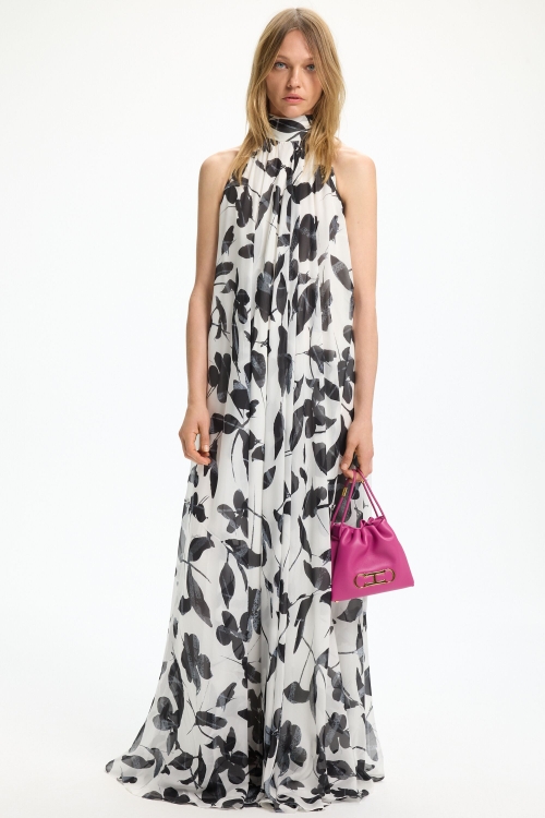 PRINT SILK CHIFFON LONG HALTER DRESS