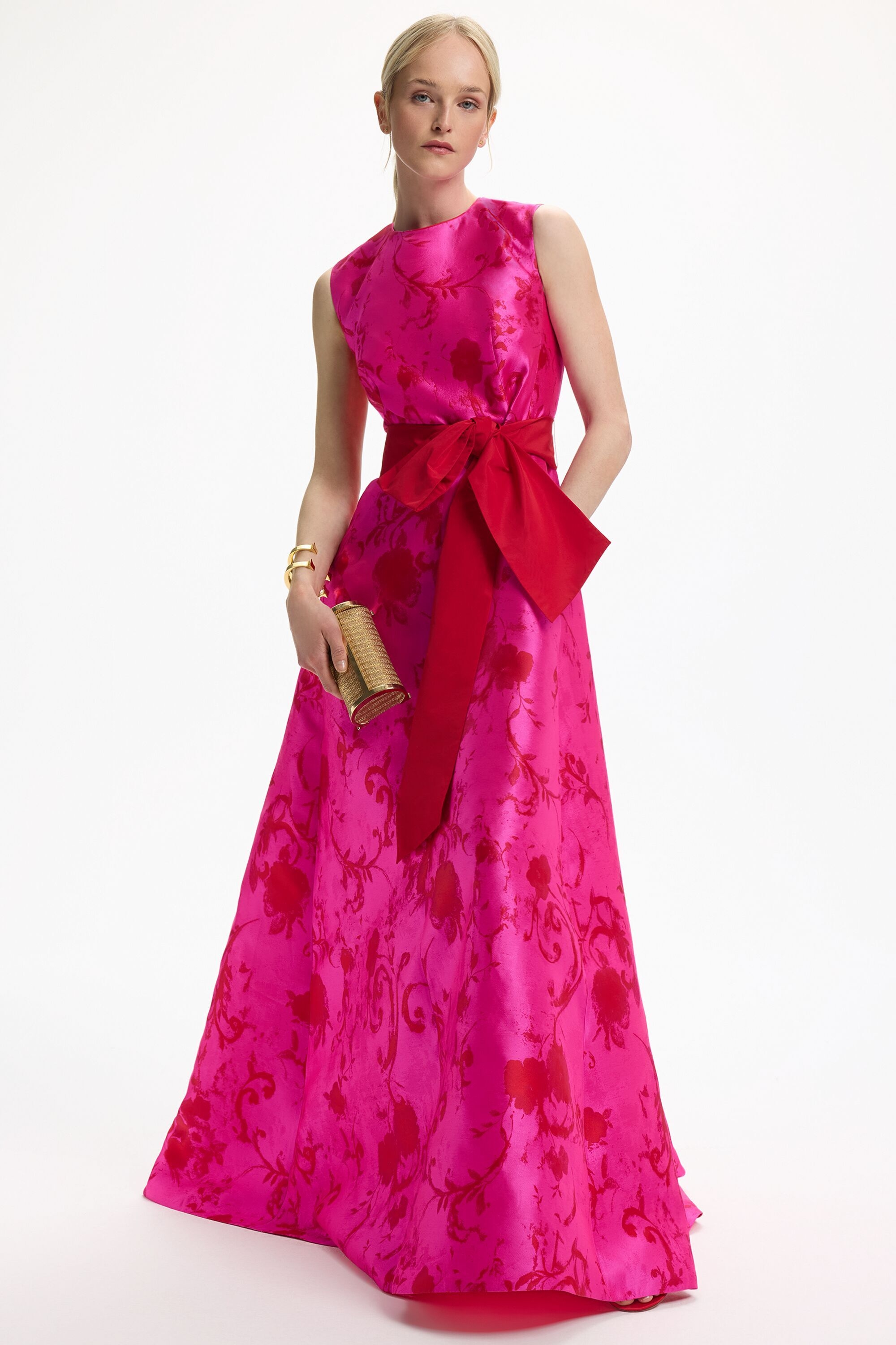 Vestido Largo de Jacquard con Fajín