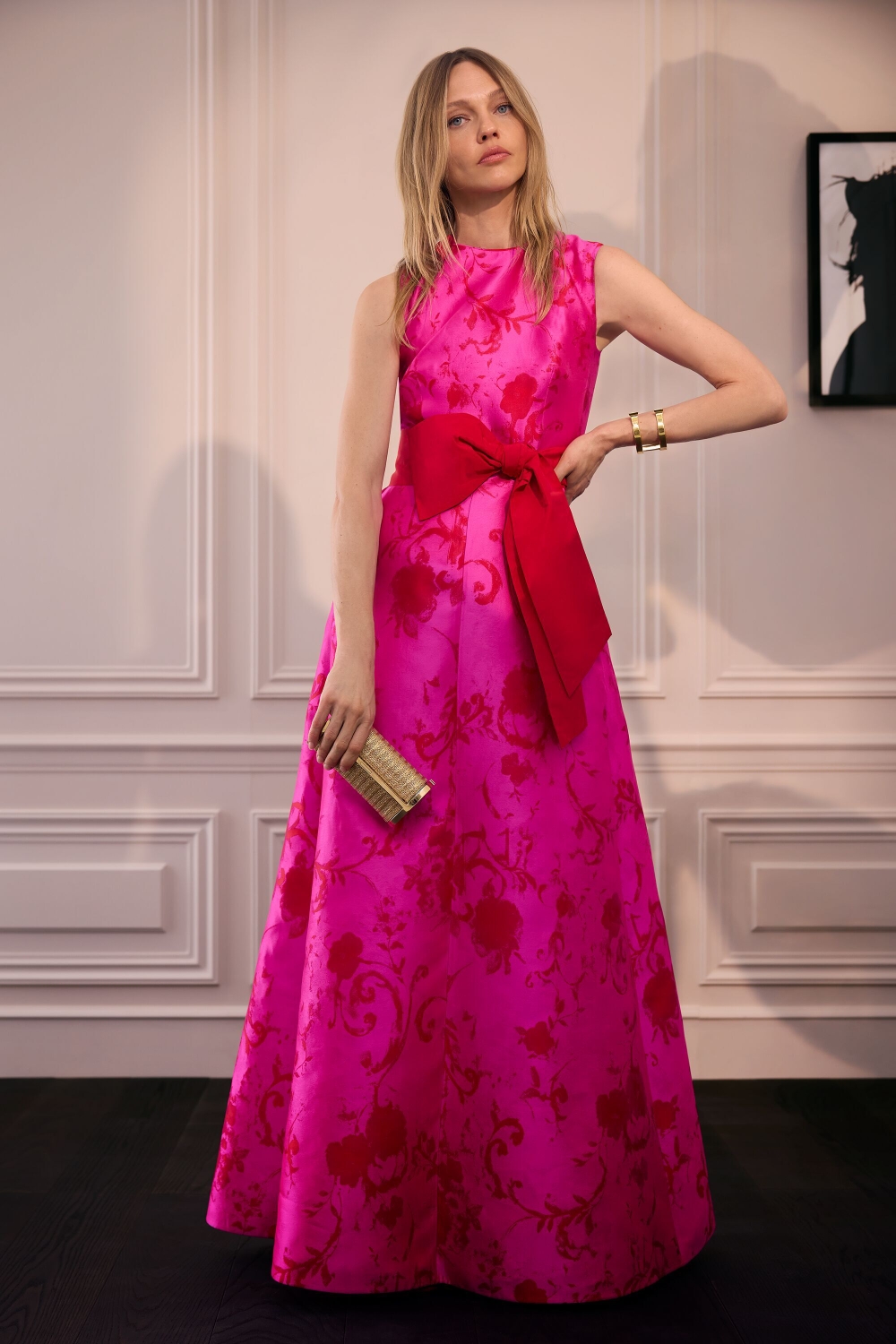 JACQUARD LONG DRESS WITH SASH
