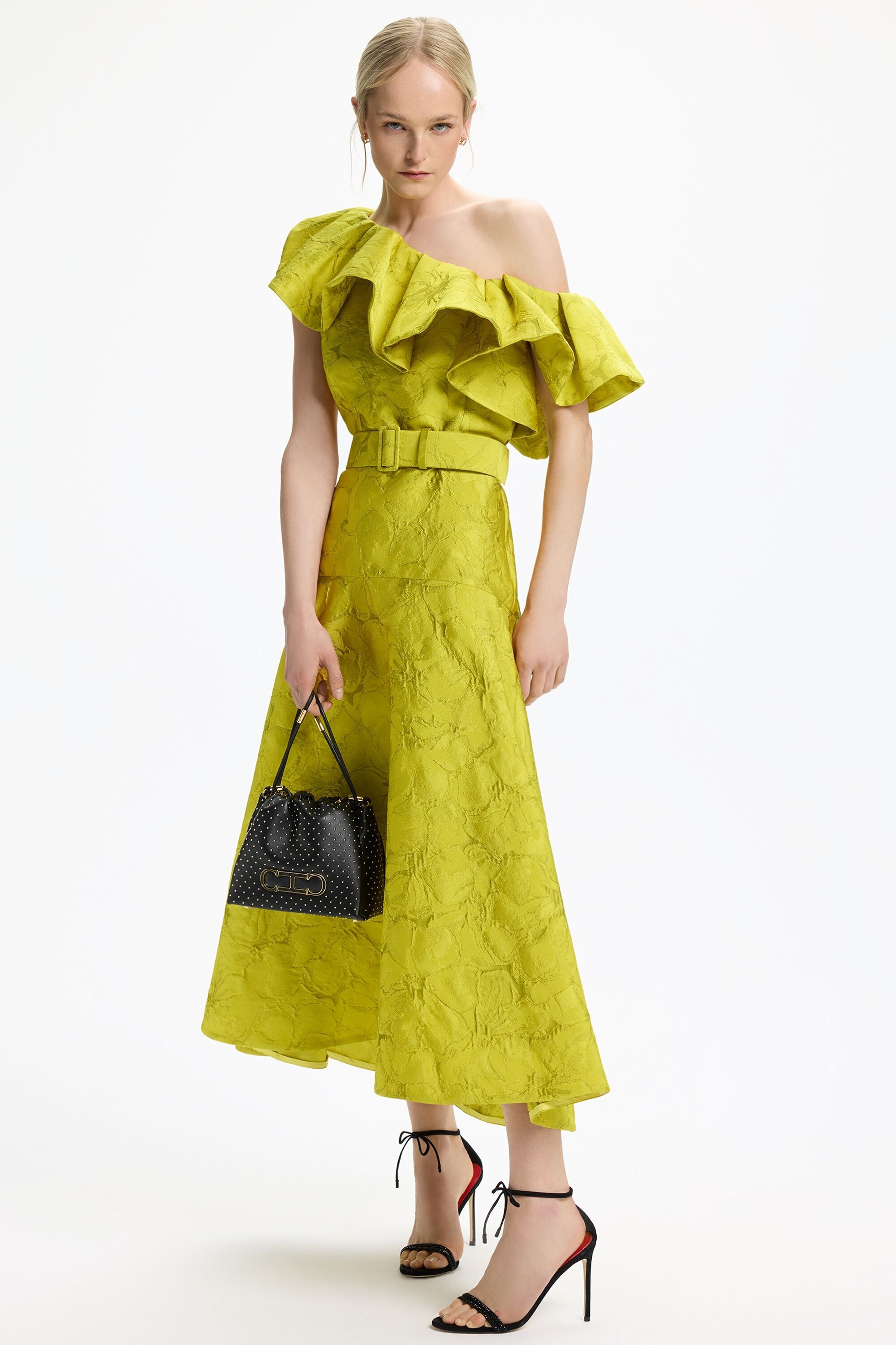 Ruffled Brocade Fitted Asymmetric Dress