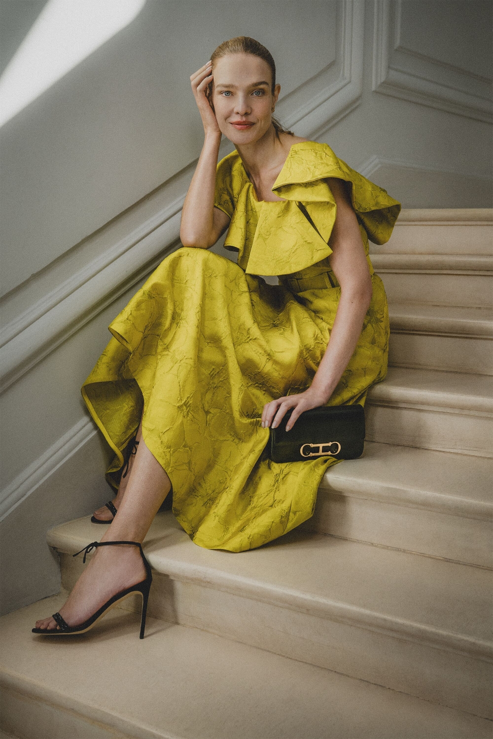 RUFFLED BROCADE FITTED ASYMMETRIC DRESS