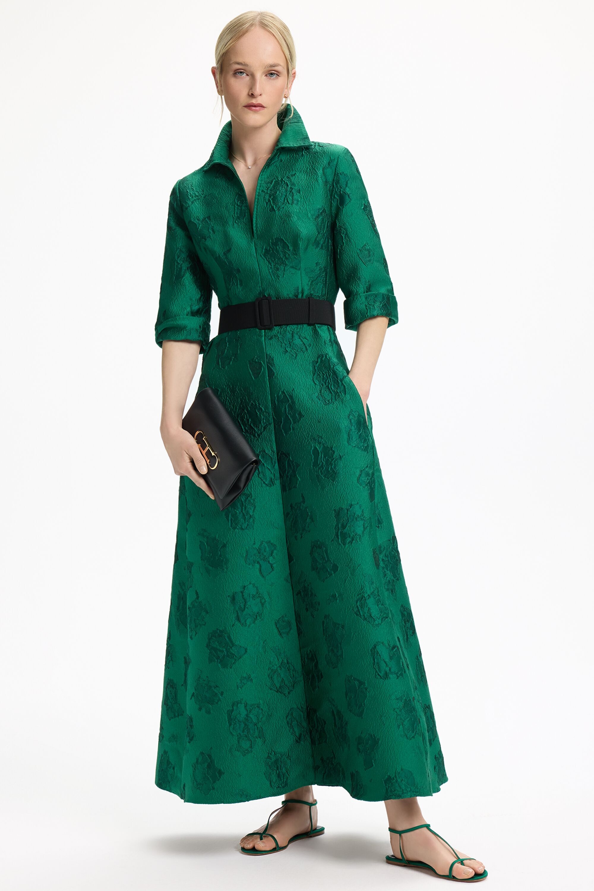 Vestido Camisero de Brocado con Cinturón
