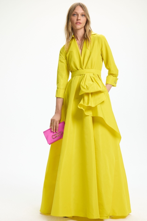 VESTIDO CAMISERO LARGO DE TAFETA CON VOLANTE