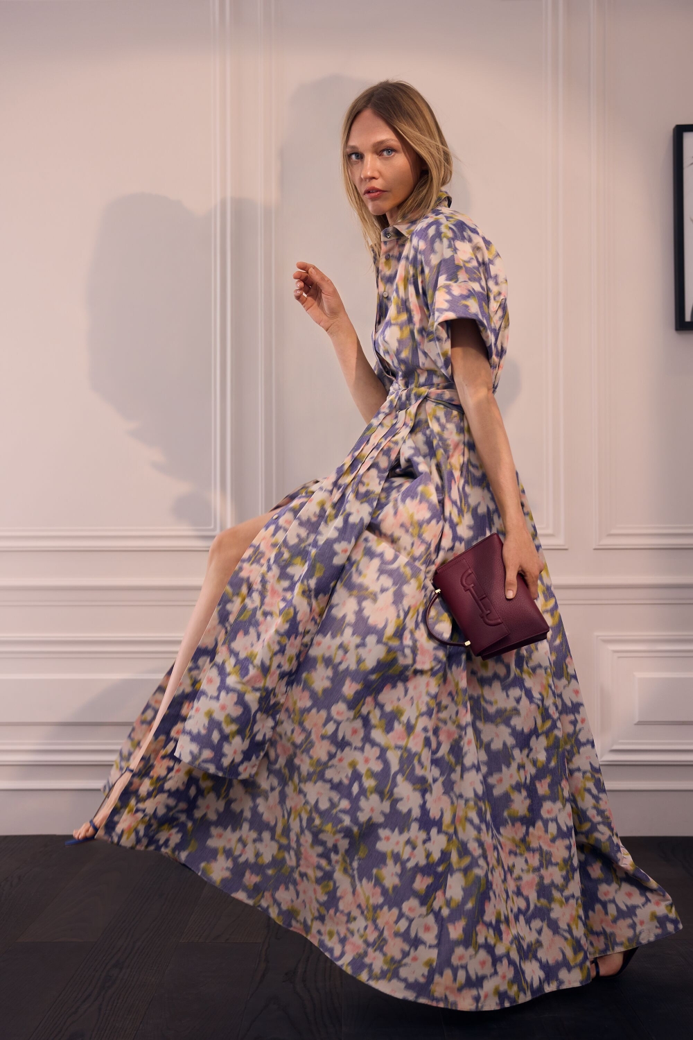 VESTIDO CAMISERO LARGO DE CHINÉ FLORAL