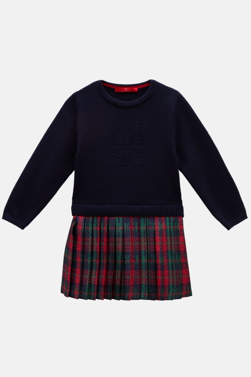 WOOL KNIT DRESS WITH CHARTAN PLEATED SKIRT