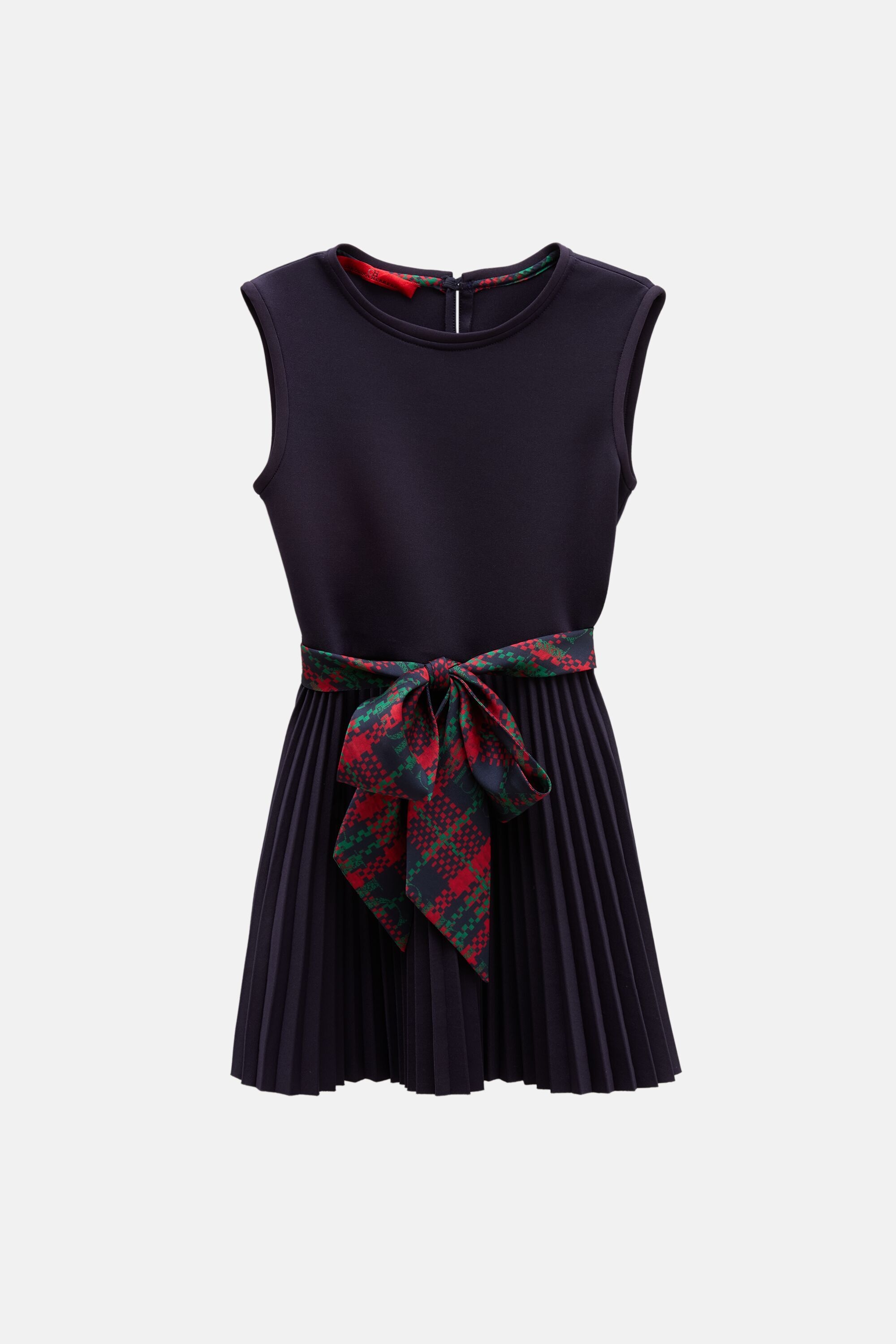 Neoprene Dress with Pleated Skirt and CHartan Sash