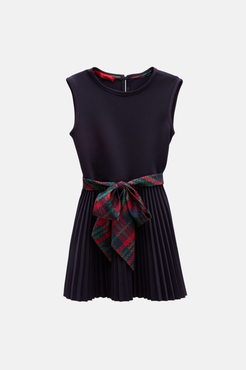 NEOPRENE DRESS WITH PLEATED SKIRT AND CHARTAN SASH