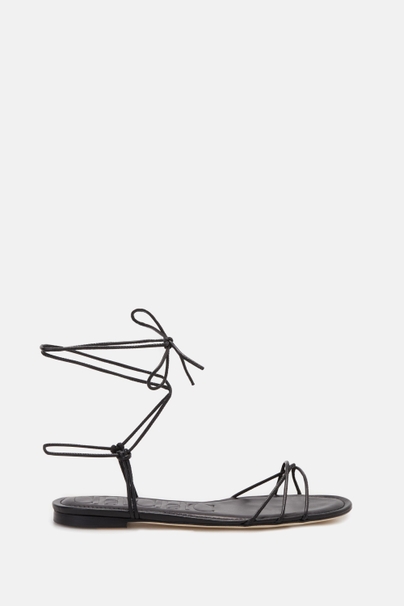 Leather Flat Lace-up Sandals - BLACK