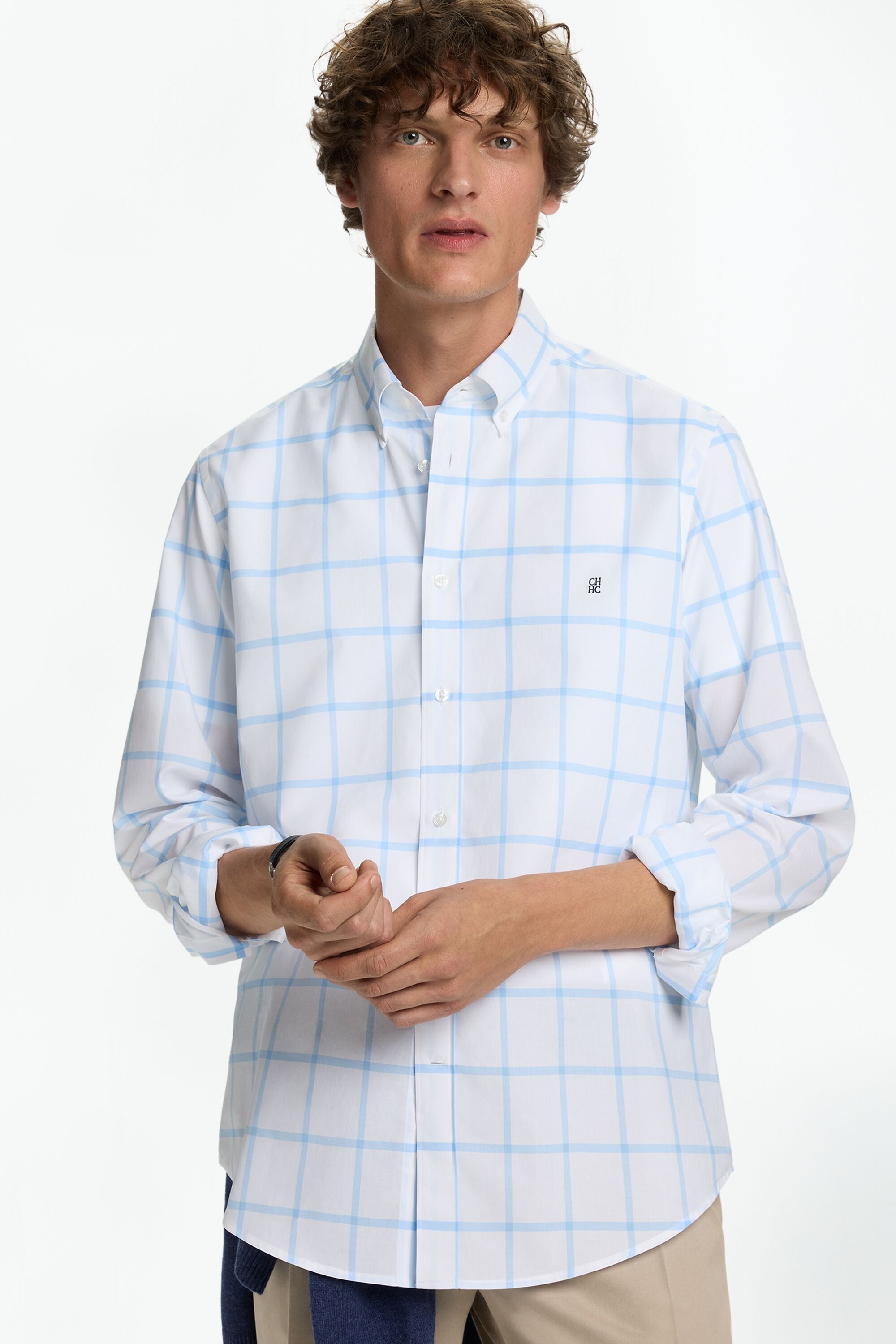 Windowpane Check Poplin Shirt sky blue/white - CH Carolina Herrera