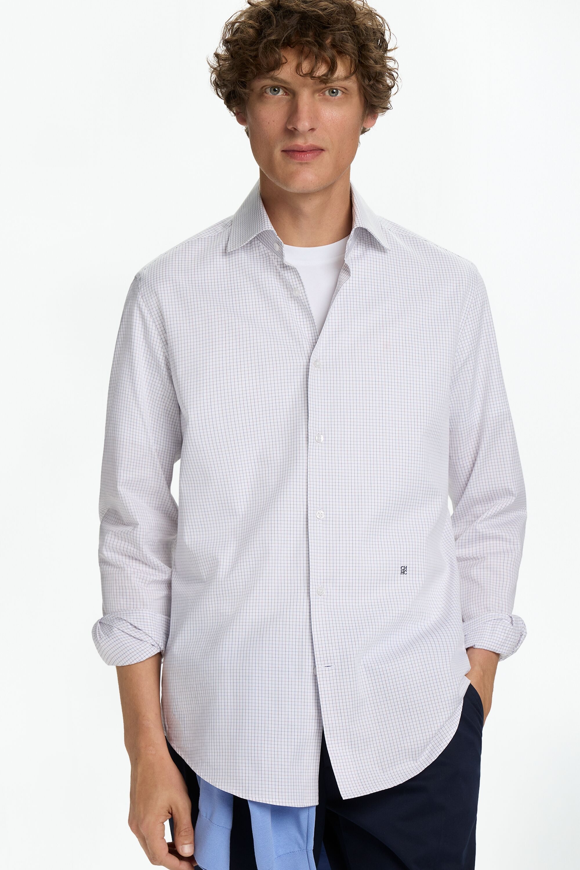 Checked Twill Shirt with Spread Collar