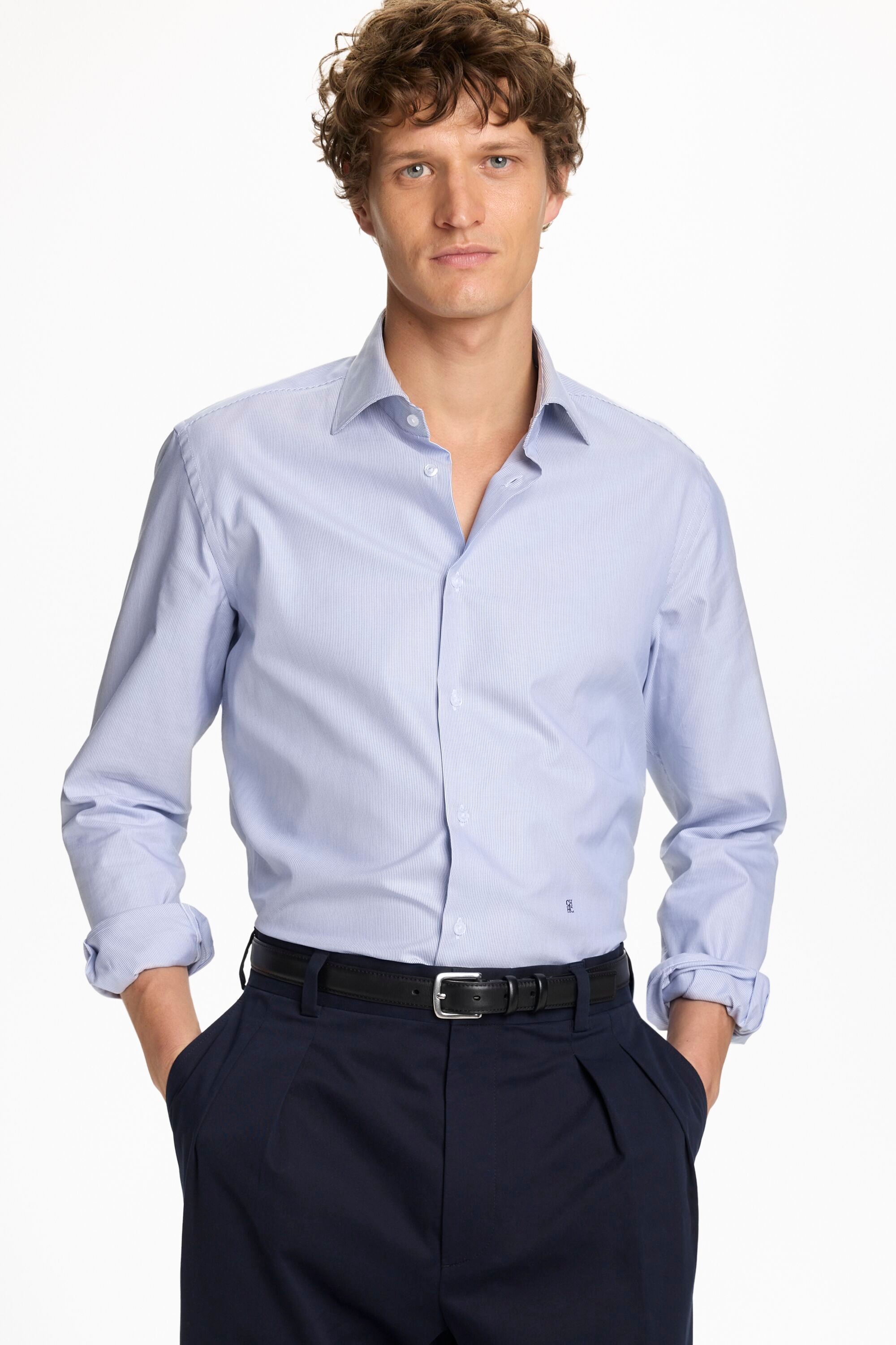 Pinstriped Twill Shirt with Spread Collar