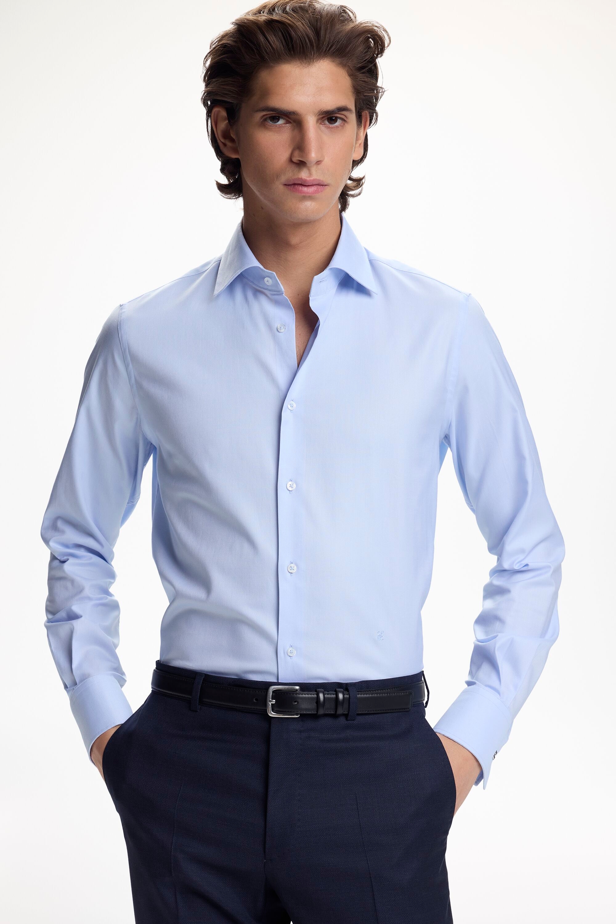 Textured Shirt with Spread Collar and Cufflinks - SKY BLUE