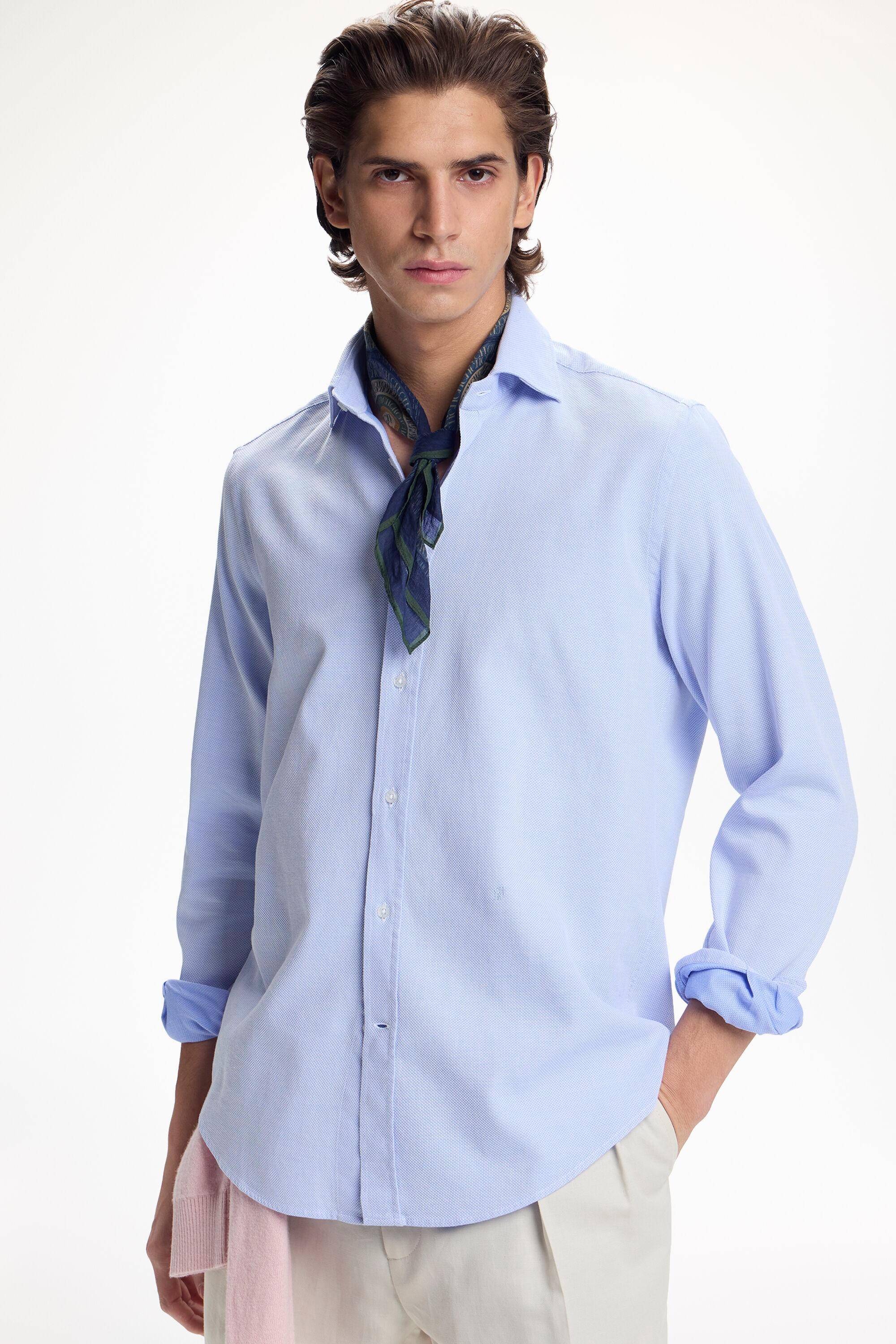 Textured Cotton Shirt with Spread Collar - SKY BLUE