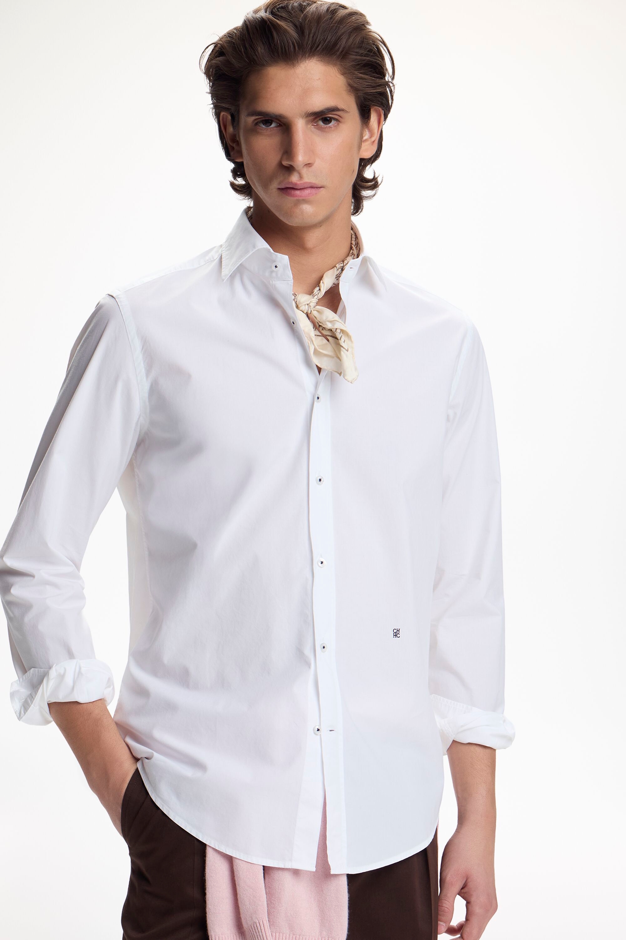 Twill Shirt with Spread Collar - WHITE