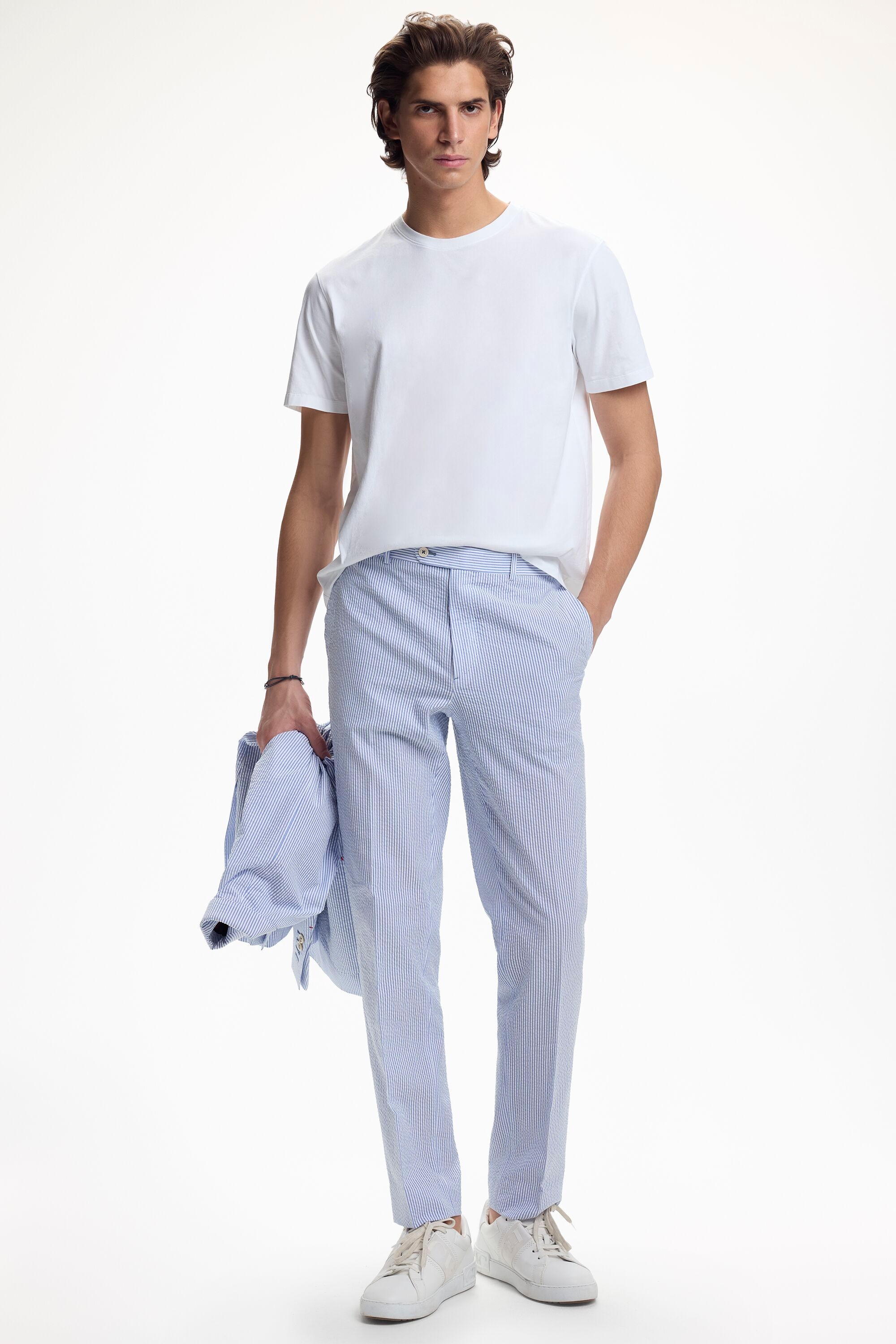 Seersucker Classic Fit Suit Pants - BLUE