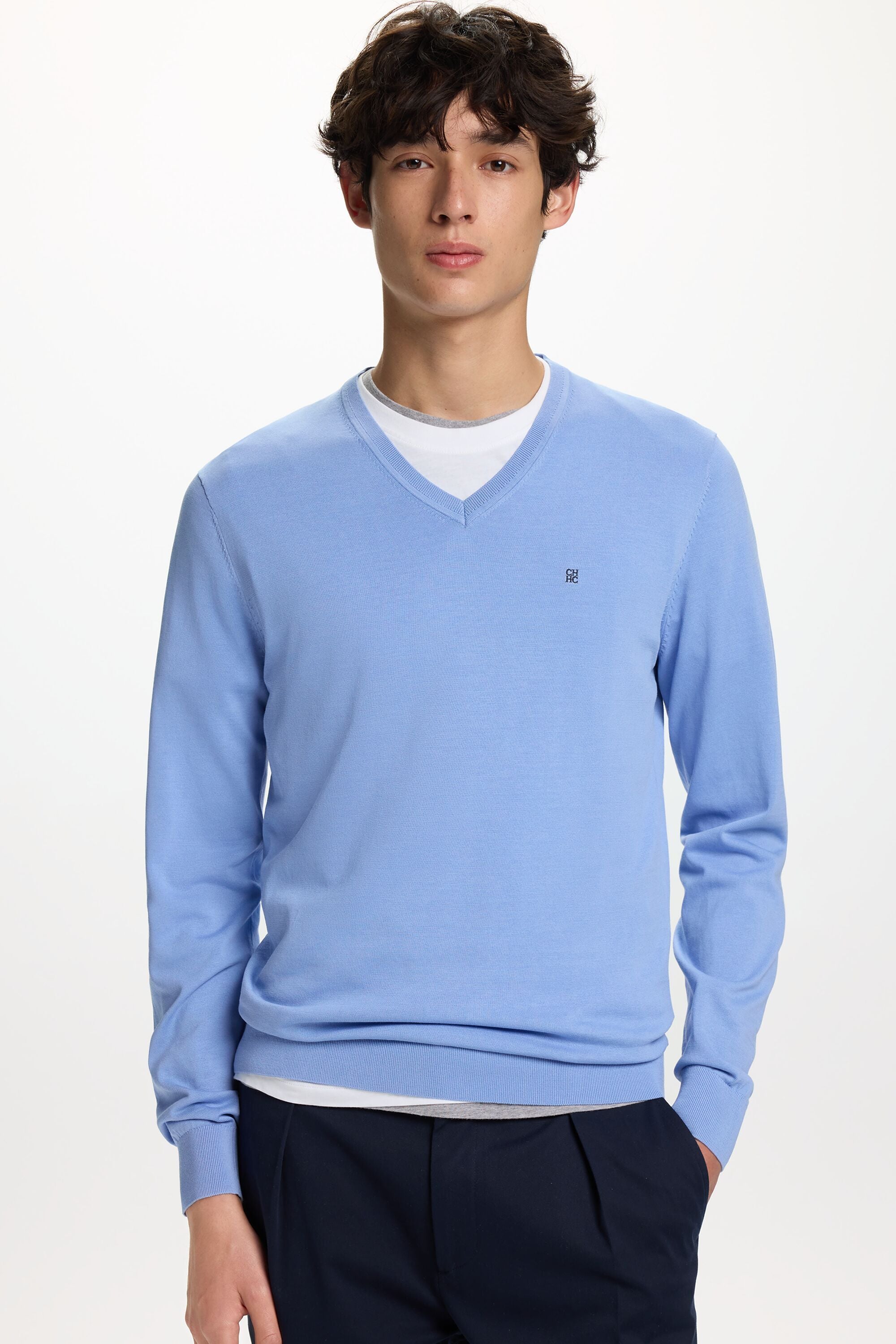 Gassed Cotton V-Neck Sweater sky blue - CH Carolina Herrera United