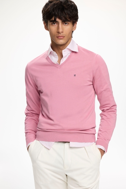 Gassed Cotton V-Neck Sweater - PINK