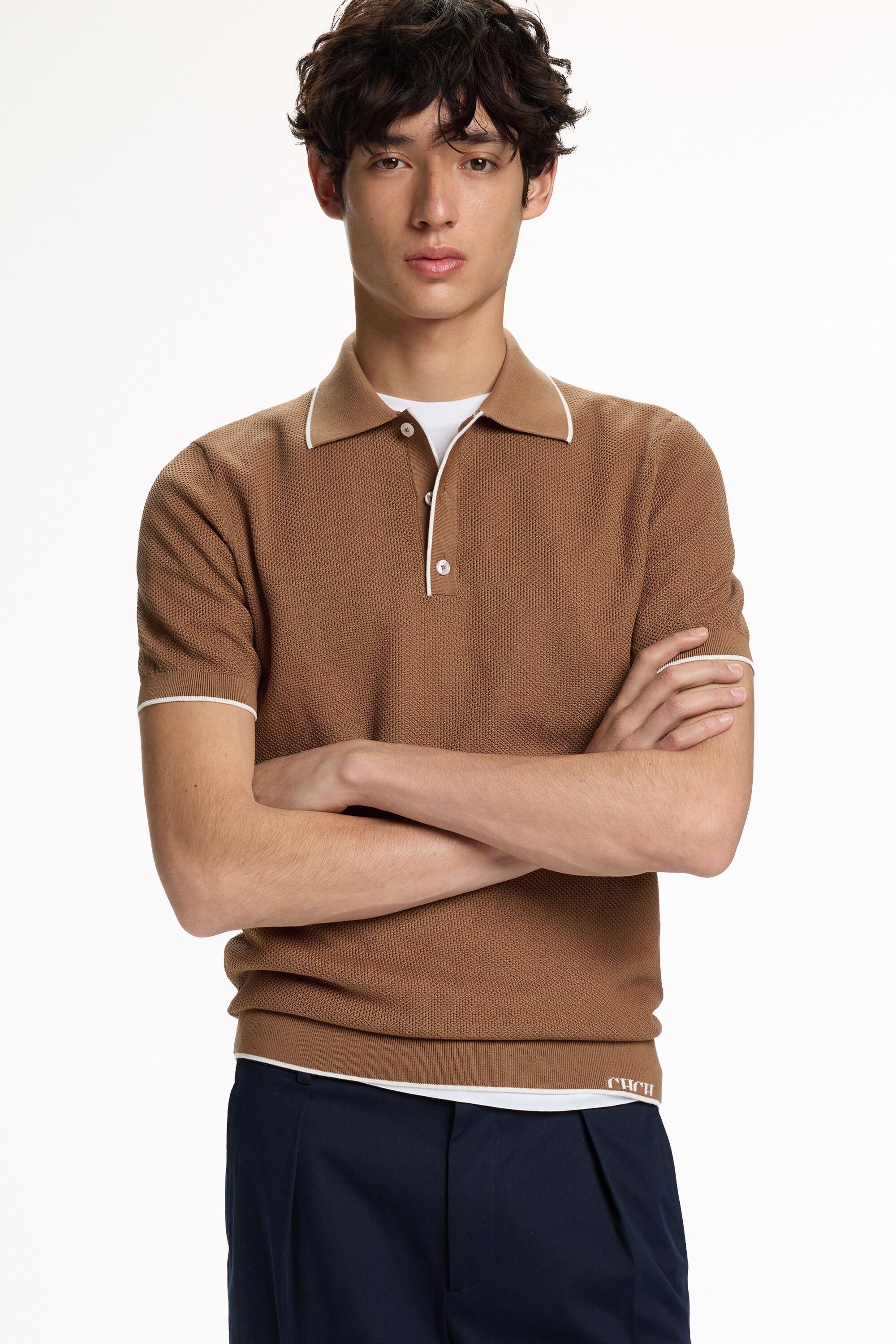 Textured Knit Polo Shirt tobacco brown - CH Carolina Herrera