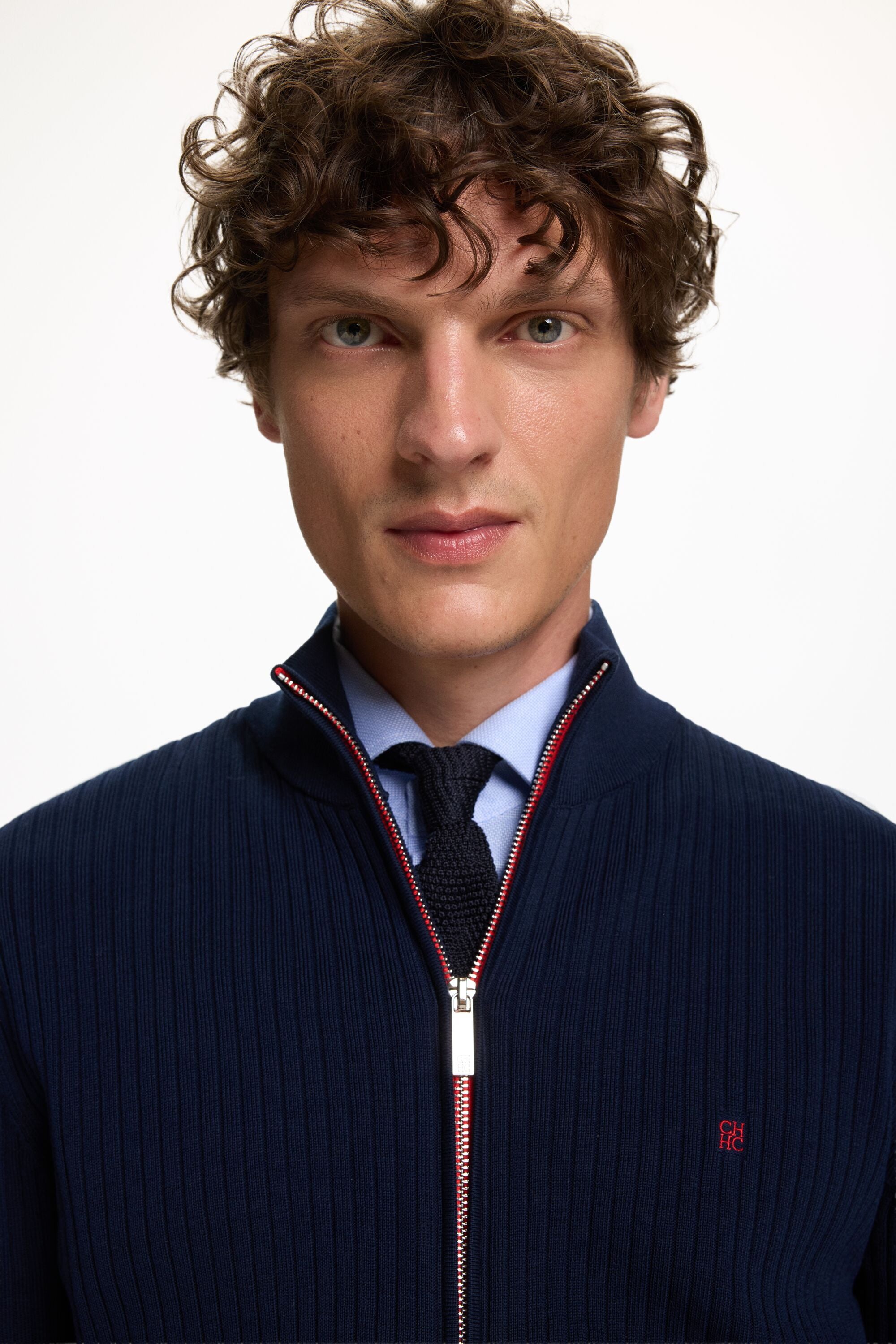 Stand Collar Gassed Cotton Cardigan navy - CH Carolina Herrera
