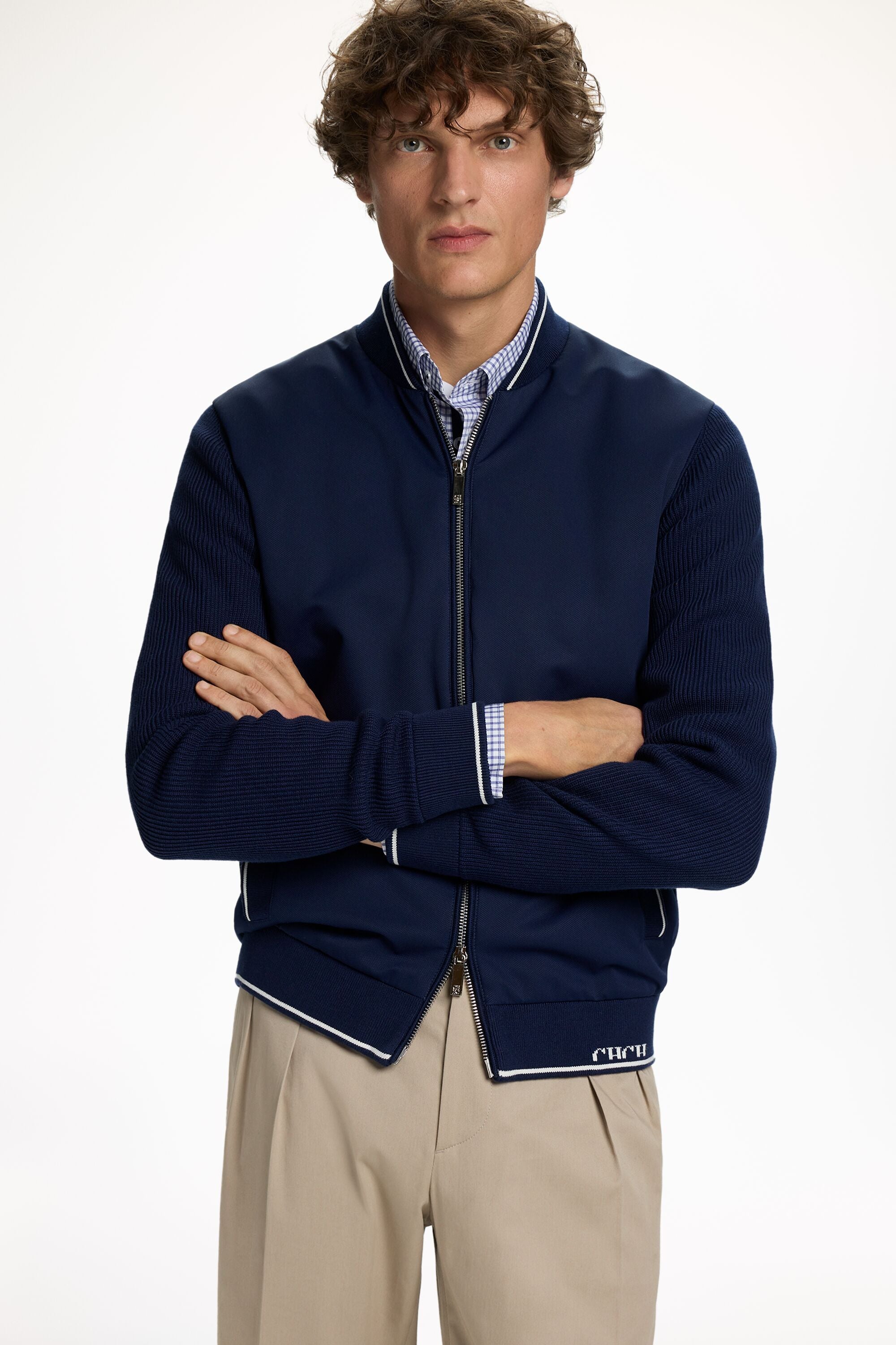 Knit and Textured Nylon Bomber Jacket ink blue - CH Carolina 