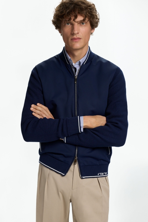 KNIT AND TEXTURED NYLON BOMBER JACKET