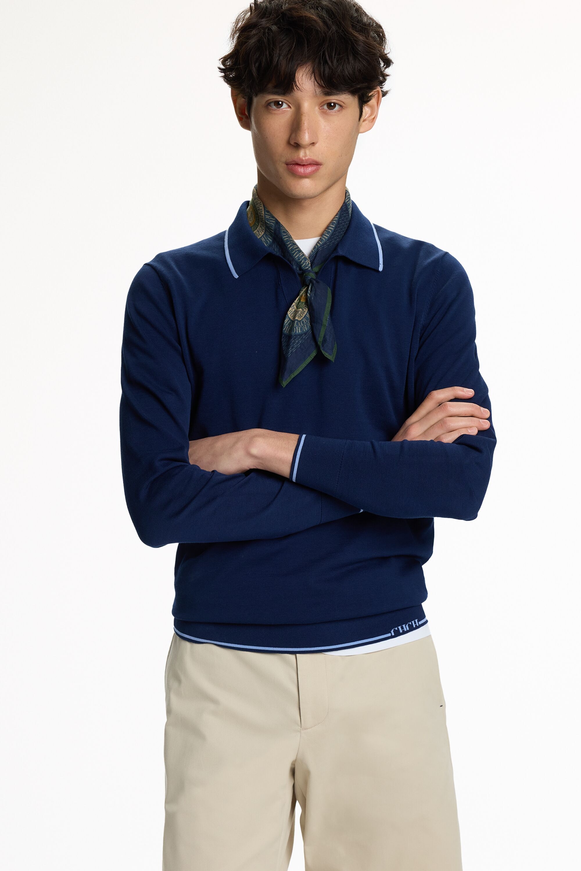 Long-Sleeved Knit Open Polo Shirt