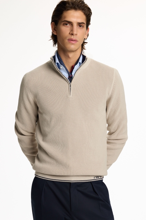 TEXTURED COTTON HALF-ZIP SWEATER