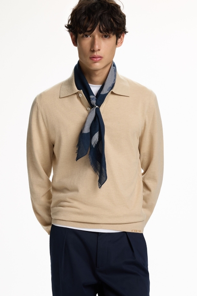Cotton Merino Wool Knit Polo Shirt - SAND