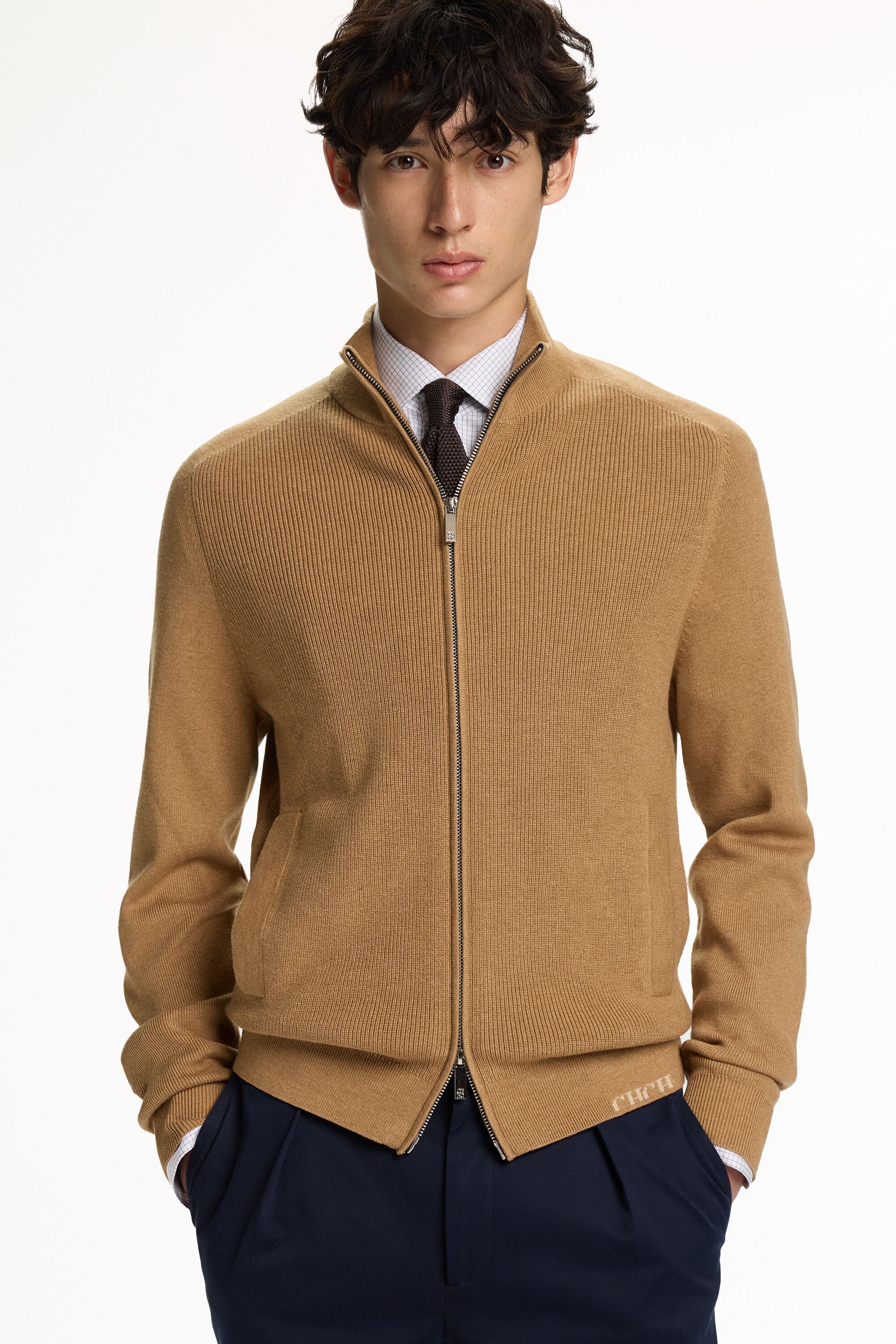 Stand Collar Merino Wool and Cotton Cardigan
