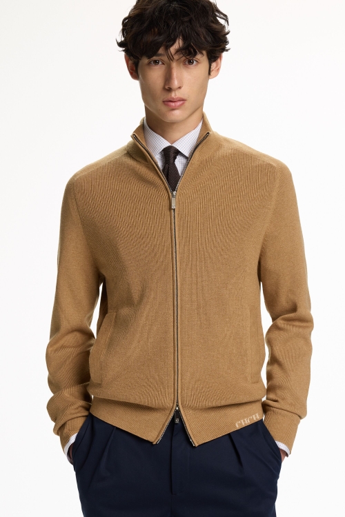 STAND COLLAR MERINO WOOL AND COTTON CARDIGAN