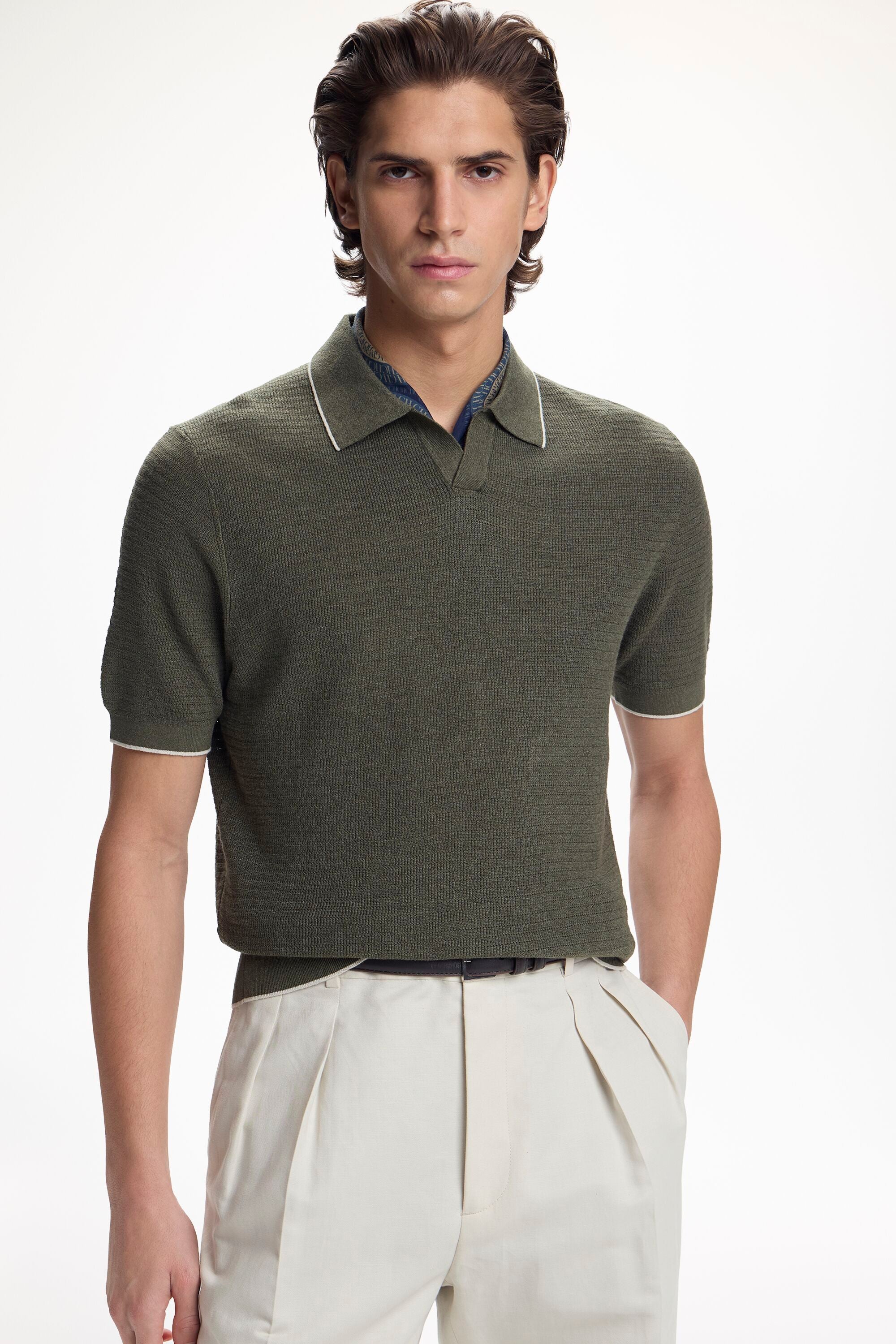 Linen Textured Knit Open Polo Shirt khaki - CH Carolina Herrera