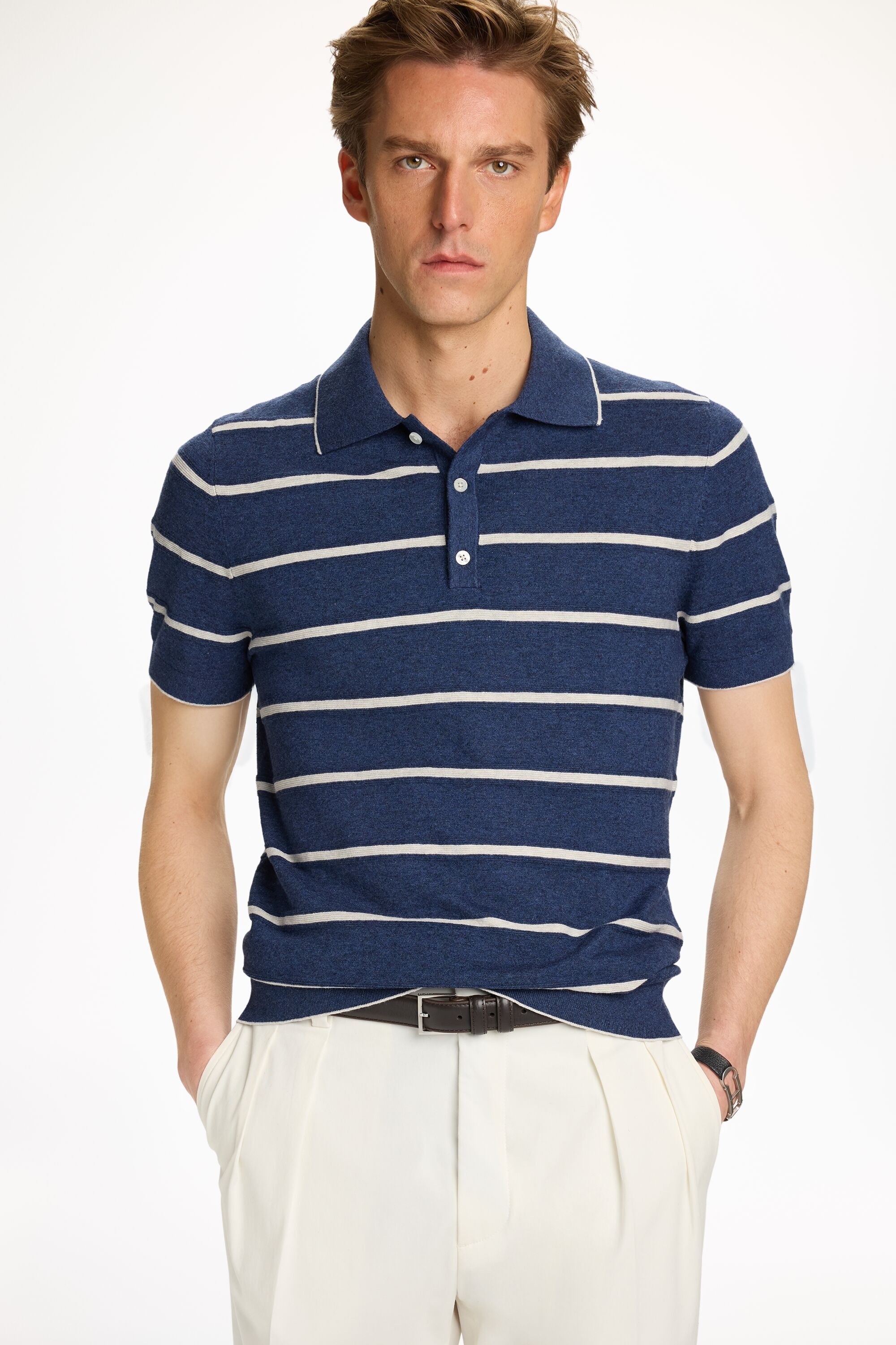 Striped Linen Knit Polo Shirt