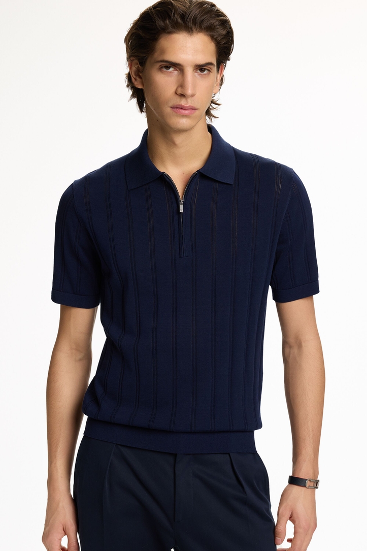 Striped Knit Half-Zip Polo Shirt