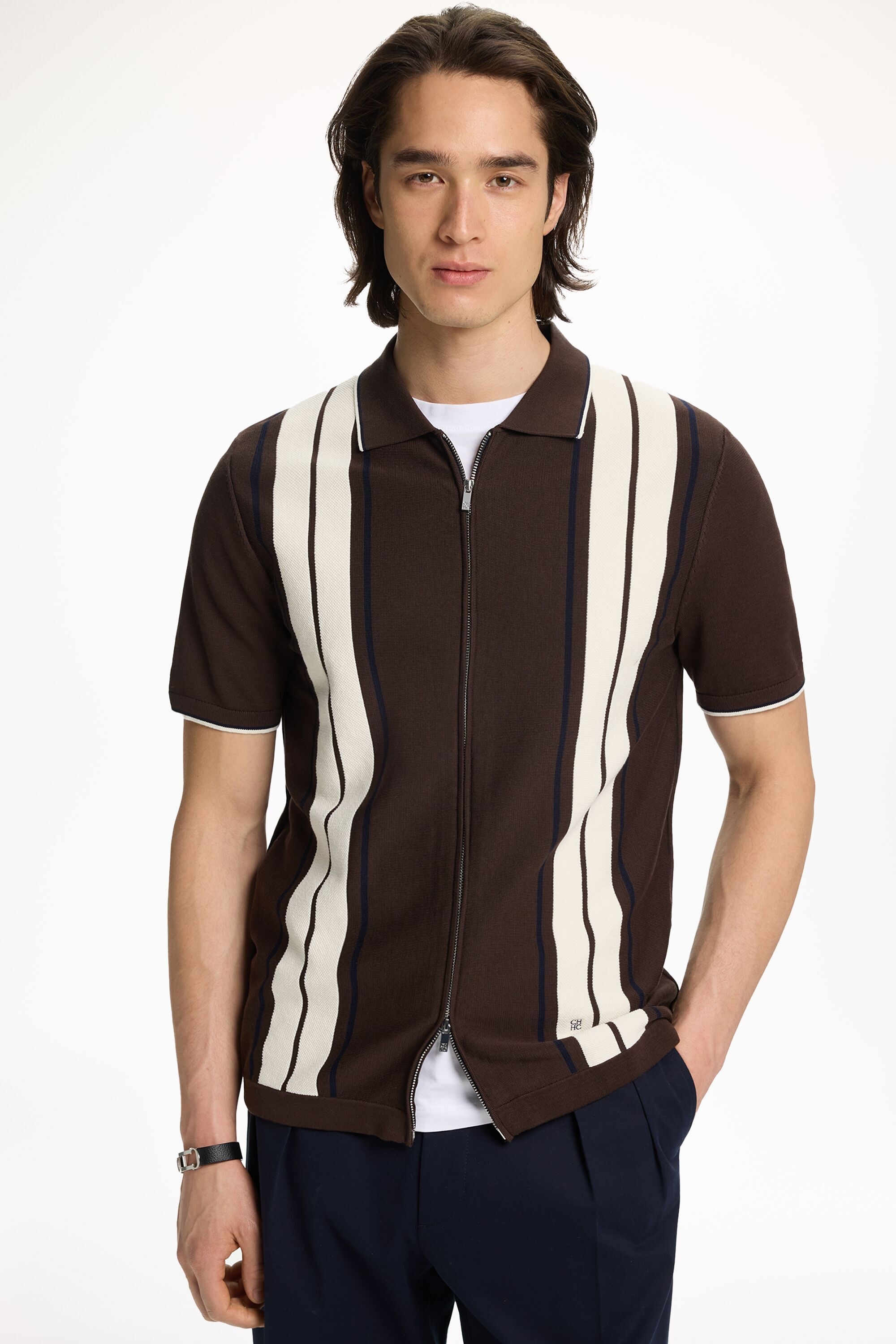 Full-Zip Striped Knit Shirt