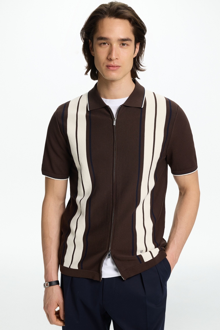 Full-Zip Striped Knit Shirt
