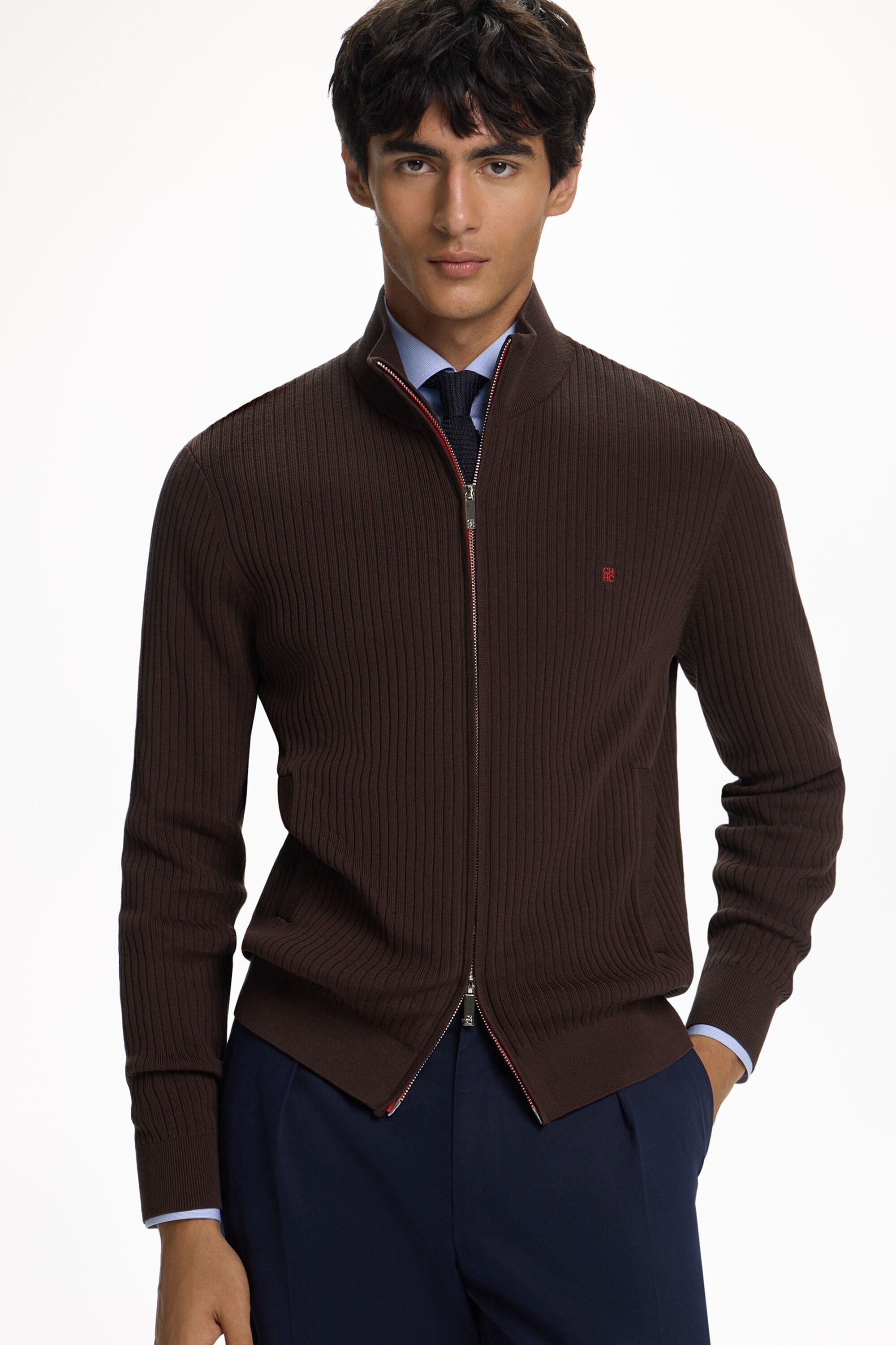 Stand Collar Gassed Cotton Cardigan brown - CH Carolina Herrera